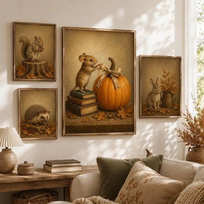 Autumn Mouse Wall Art, Cute Mouse and Pumpkin Poster, Vintage Style Fall Print, Cozy Cottagecore Decor, Gift for Book Lovers