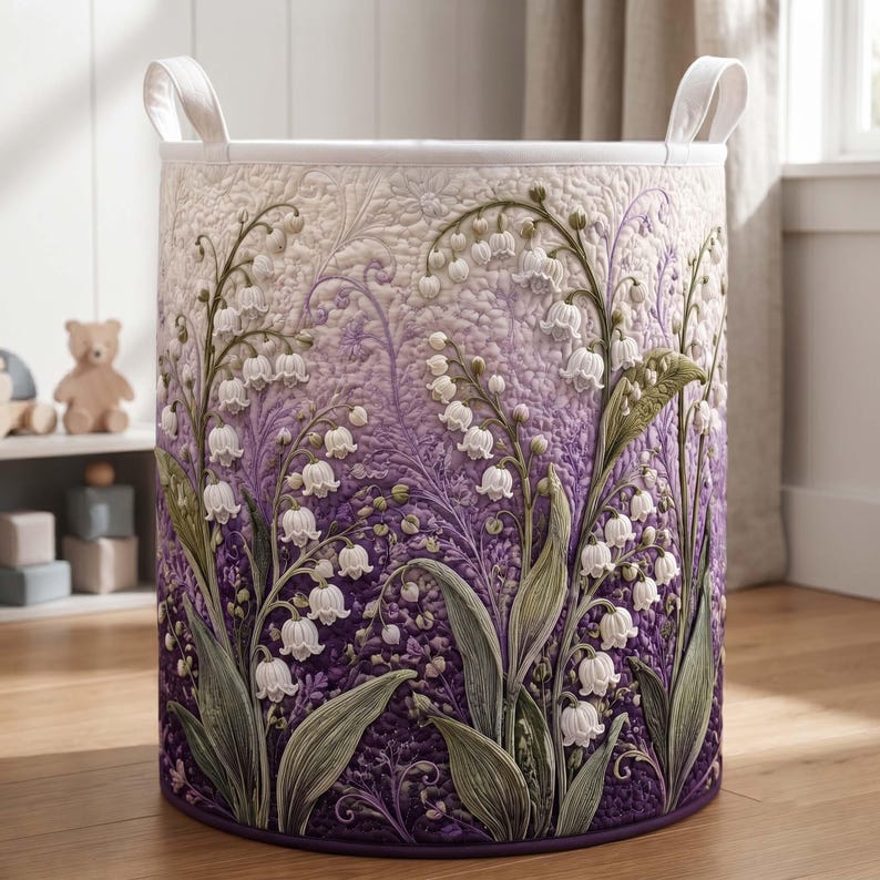 Lily Of The Valley Quilted Laundry Basket: Botanical Floral Storage Bin, Garden Flower Fabric Hamper