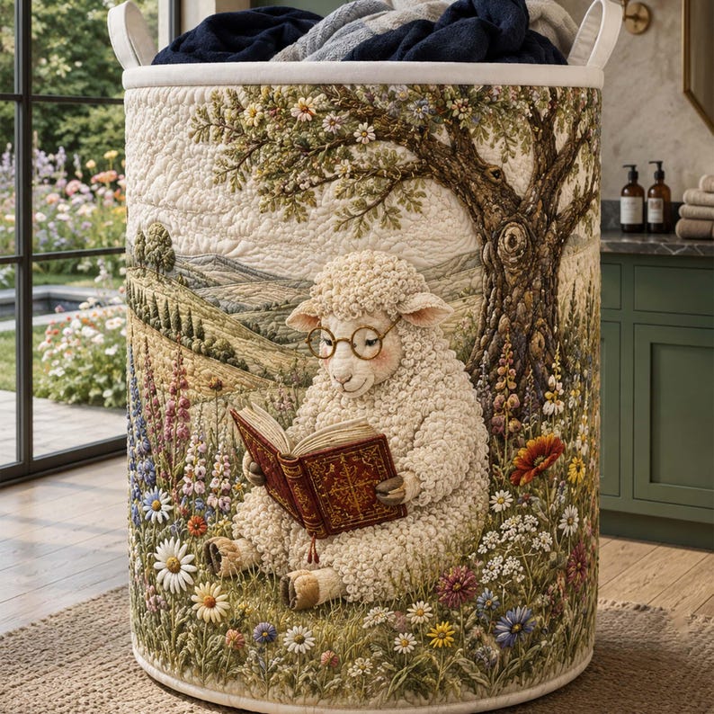 Reading Sheep Quilted Laundry Basket: Cute Farm Animal Storage Bin, Bookish Cozy Fabric Hamper