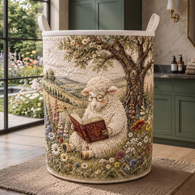 Reading Sheep Quilted Laundry Basket: Cute Farm Animal Storage Bin, Bookish Cozy Fabric Hamper