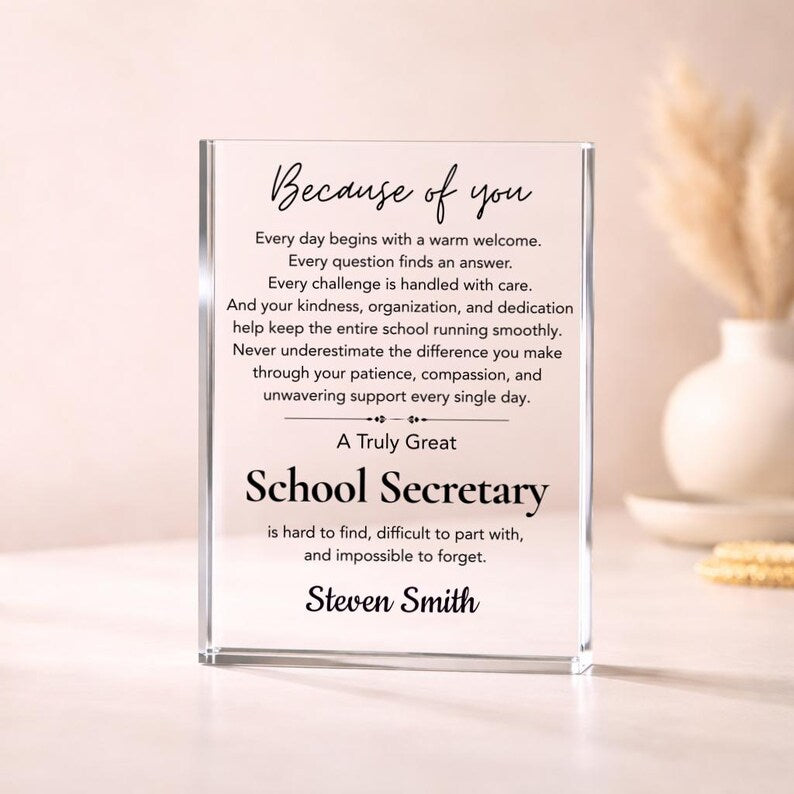 School Secretary Gift Acrylic Plaque, Personalized School Secretary Appreciation Gift, Retirement Gift, Thank You Coworker Gift, Staff Gift