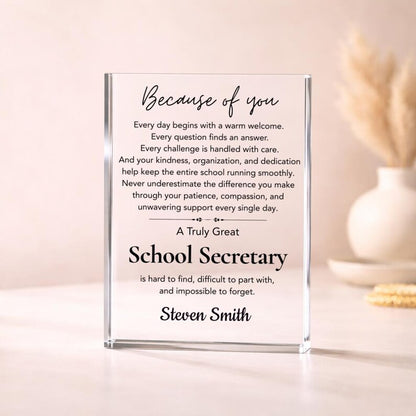School Secretary Gift Acrylic Plaque, Personalized School Secretary Appreciation Gift, Retirement Gift, Thank You Coworker Gift, Staff Gift