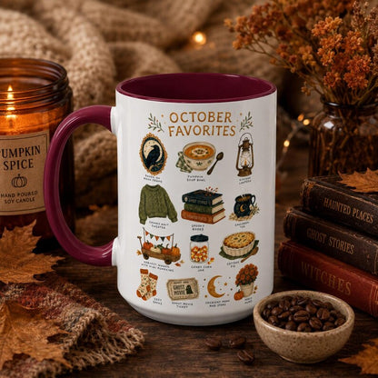 October Favorites Mug, Autumn Vibes Coffee Cup, Spooky Season Bookish Mug (11oz or 15oz)