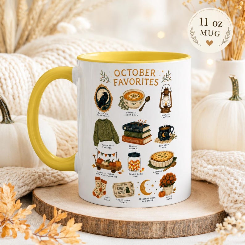 October Favorites Mug, Autumn Vibes Coffee Cup, Spooky Season Bookish Mug (11oz or 15oz)