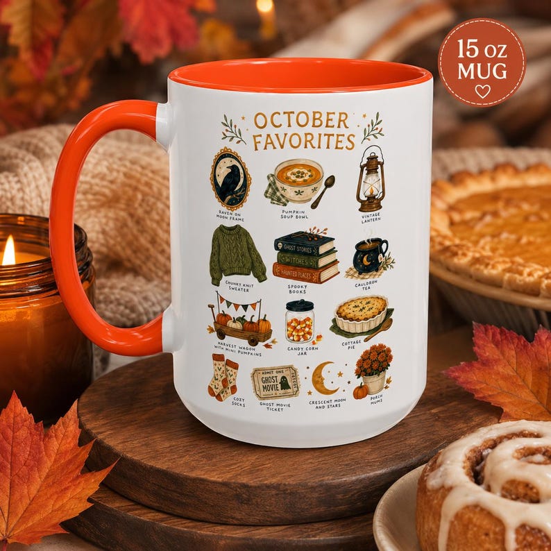 October Favorites Mug, Autumn Vibes Coffee Cup, Spooky Season Bookish Mug (11oz or 15oz)