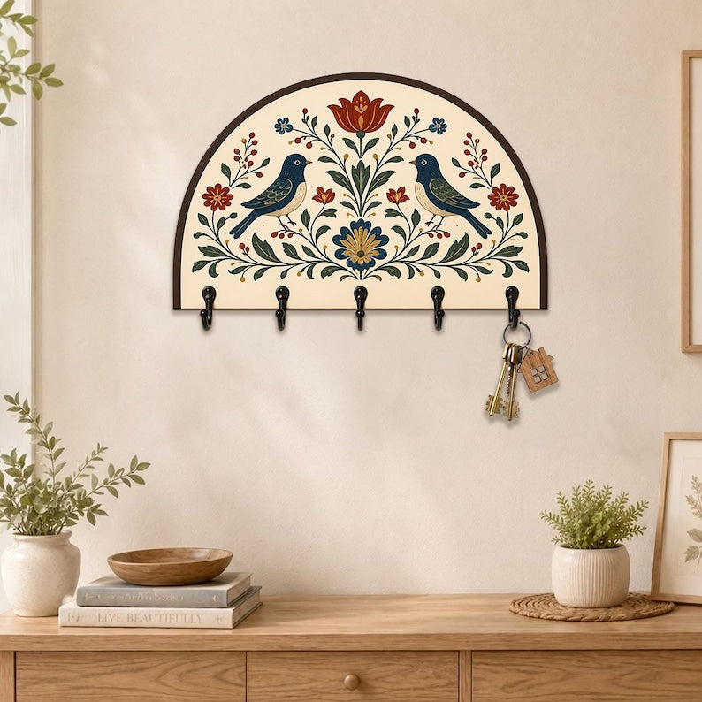 Folk Art Bird Wooden Key Holder: Scandinavian Floral Wall Key Rack Decor