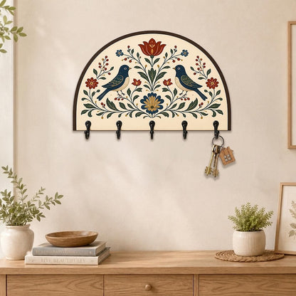 Folk Art Bird Wooden Key Holder: Scandinavian Floral Wall Key Rack Decor