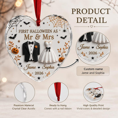 Personalized First Halloween Married Heart Glass Ornament,Spooky Mr Mrs Ornament, Newlywed Halloween tree Gift, Personalized Wedding Gift