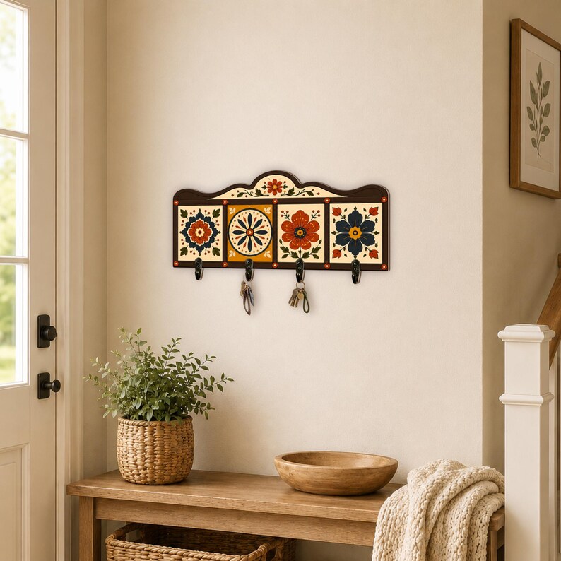 Vintage Folk Floral Wooden Key Holder for Wall: Tile Pattern Entryway Hanger
