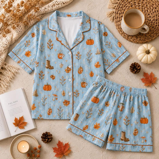 Fall Pajama Set for Women, Pumpkin Spice Pajamas, Autumn Floral Pajama Set, Cute Cozy Sleepwear, Short and Long Sleeve, Gift for Her