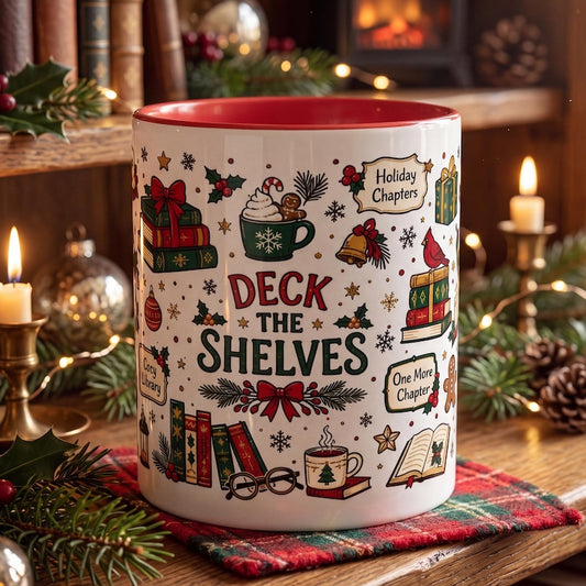 Deck the Shelves Mug, Funny Book Lover Christmas Mug, Bookworm Holiday Gift, Cozy Library Coffee Mug, Christmas Reading Mug, Bookish Gift