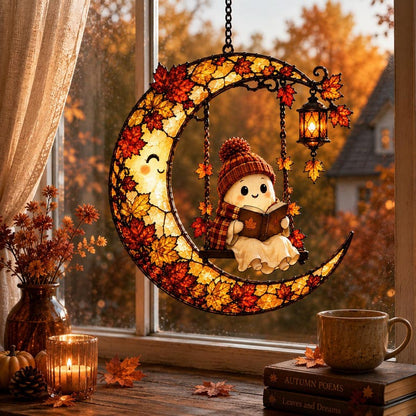 Ghost Reading Moon Acrylic Suncatcher, Ghost Book Pumpkin Window Hanging, Halloween Bookworm Suncatcher, Thanksgiving Gift For Book