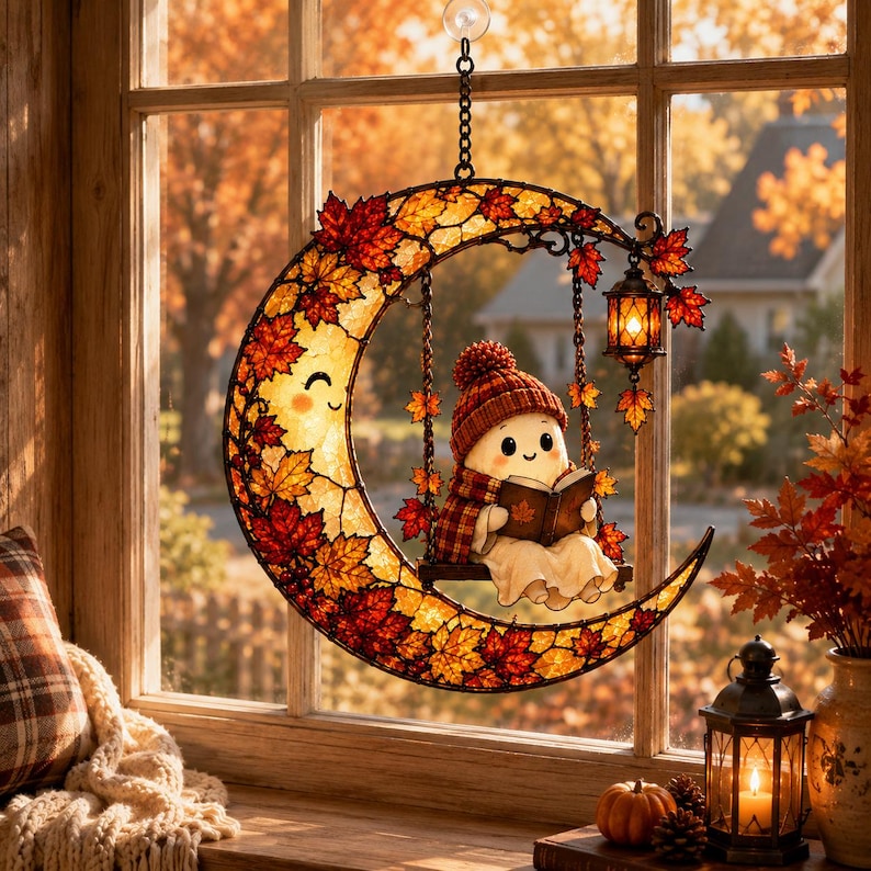 Ghost Reading Moon Acrylic Suncatcher, Ghost Book Pumpkin Window Hanging, Halloween Bookworm Suncatcher, Thanksgiving Gift For Book