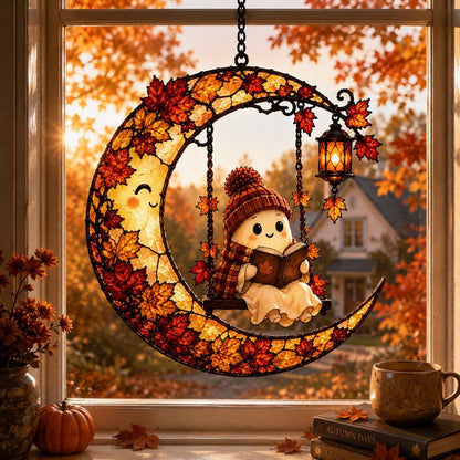 Ghost Reading Moon Acrylic Suncatcher, Ghost Book Pumpkin Window Hanging, Halloween Bookworm Suncatcher, Thanksgiving Gift For Book
