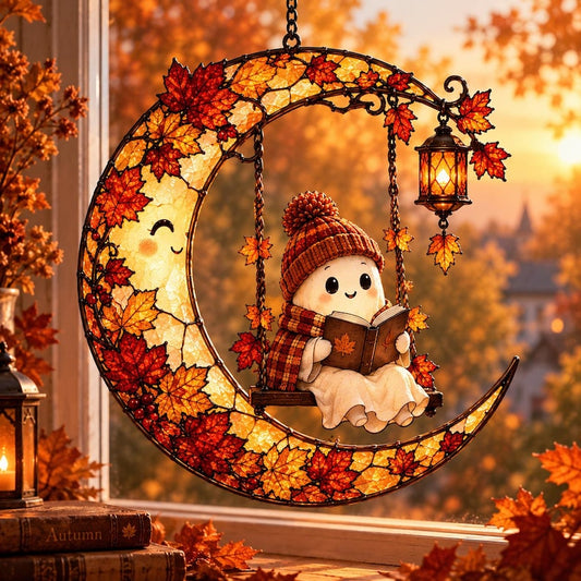 Ghost Reading Moon Acrylic Suncatcher, Ghost Book Pumpkin Window Hanging, Halloween Bookworm Suncatcher, Thanksgiving Gift For Book