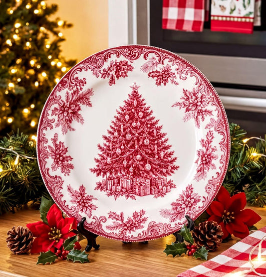 Festive Christmas Tree Elegant & Chic Decorative Plate | Holiday Toile Inspired Room Decor Housewarming Gift