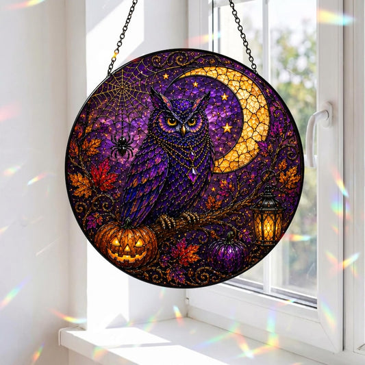 Halloween Owl Suncatcher, Stained Glass Owl Window Hanging, Witchy Owl Decor, Gothic Halloween Ornament, Purple Owl SunCatcher Gift