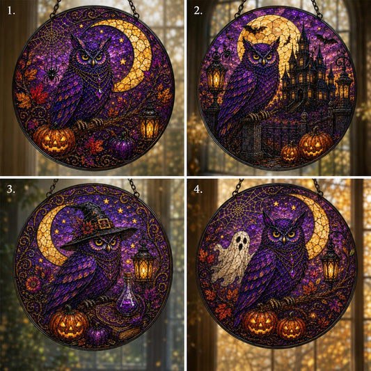 Halloween Owl Suncatcher, Stained Glass Owl Window Hanging, Witchy Owl Decor, Gothic Halloween Ornament, Purple Owl SunCatcher Gift