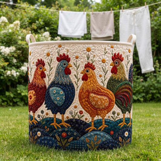 Floral Chicken Quilted Laundry Hamper: Farmhouse Storage Bin, Cute Rooster Hamper