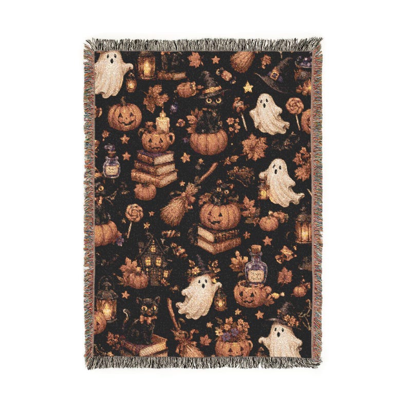 Halloween Woven Blanket Gothic Autumn Throw Cozy Fall Blanket Black Cat Ghost Pumpkin Decor Witchy Home Gift