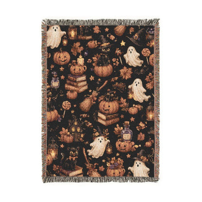Halloween Woven Blanket Gothic Autumn Throw Cozy Fall Blanket Black Cat Ghost Pumpkin Decor Witchy Home Gift