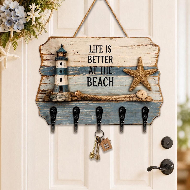 Coastal Key Holder, Lighthouse Wall Decor, Beach House Entryway, Nautical Home Gift