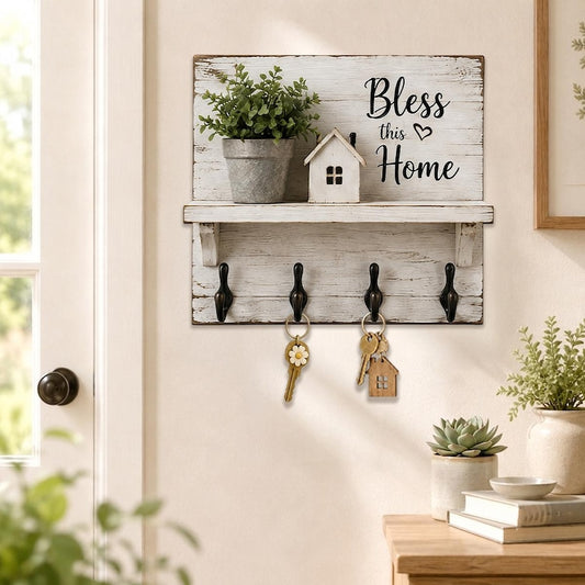 Farmhouse Key Holder, Bless This Home Wall Decor, Rustic Entryway Organizer, Housewarming Gift