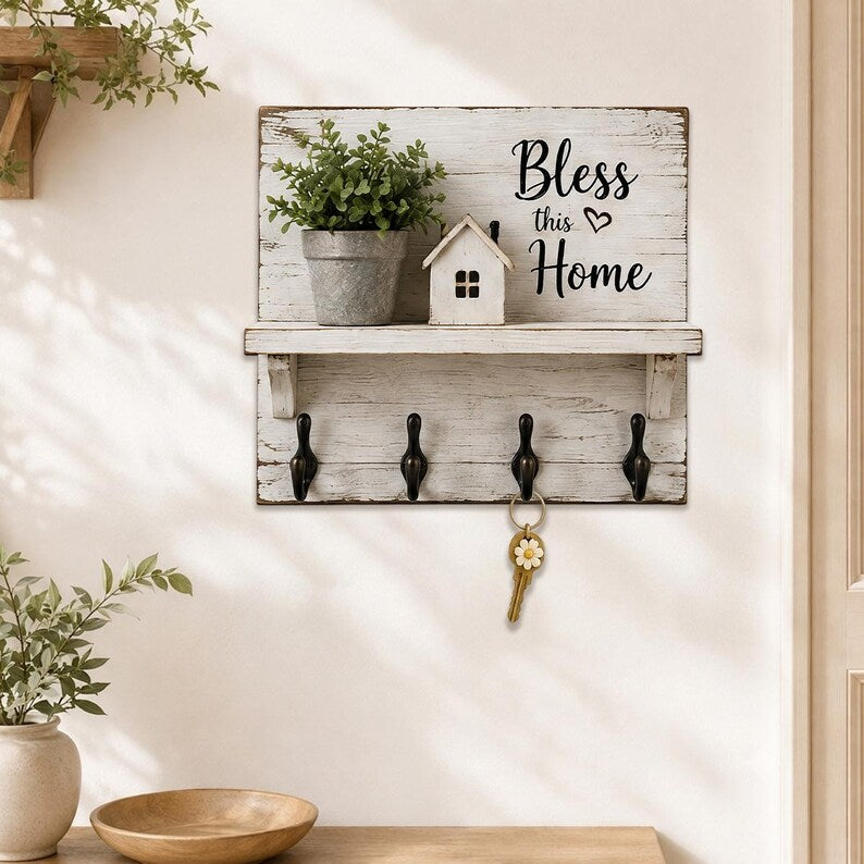 Farmhouse Key Holder, Bless This Home Wall Decor, Rustic Entryway Organizer, Housewarming Gift