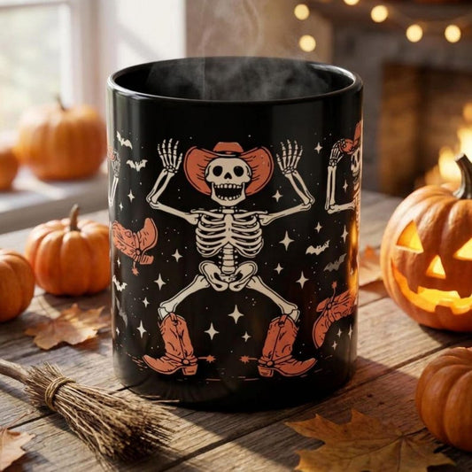 Cowboy Skeleton Halloween Mug, Dancing Skeleton Coffee Cup, Western Halloween Mug, Spooky Cowboy Mug Gift, Skeleton Coffee Mug