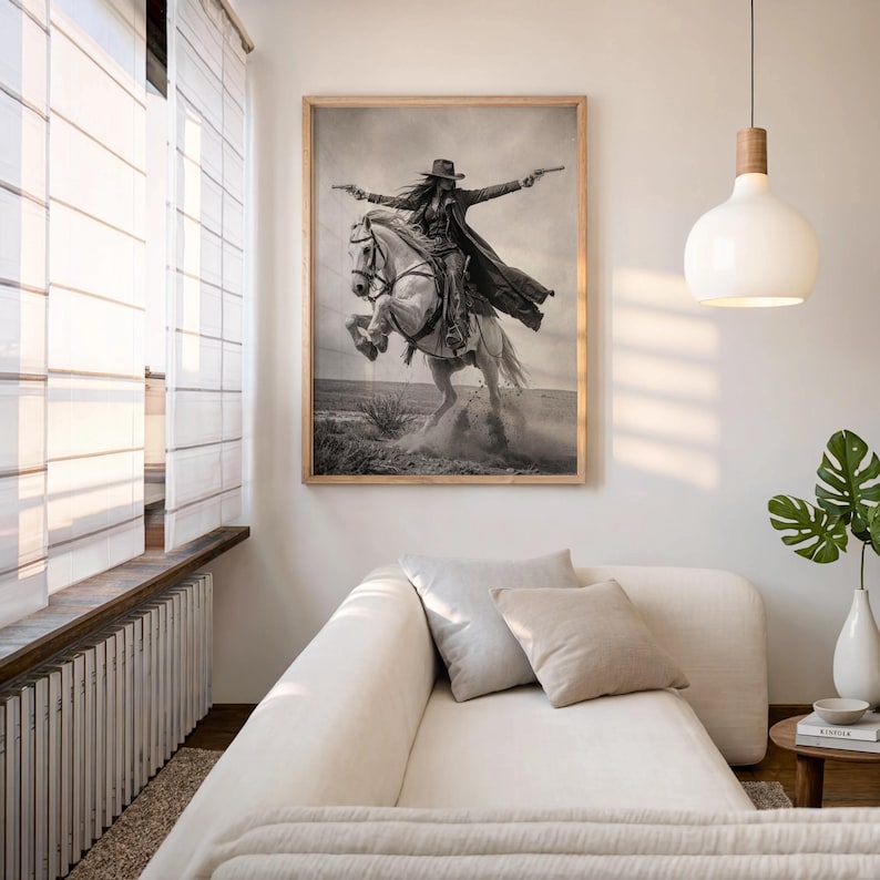 Gunslinger Cowgirl Poster, Wild West Horse Riding Wall Art, Vintage Outlaw Photography, Western Female Cowboy with Guns Living Room Decor