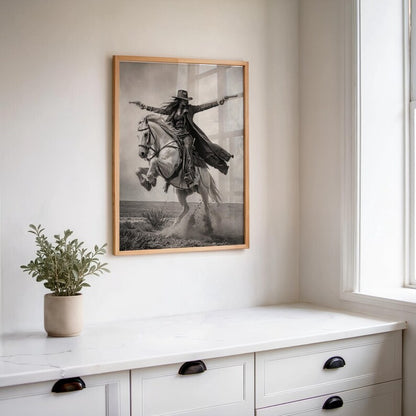 Gunslinger Cowgirl Poster, Wild West Horse Riding Wall Art, Vintage Outlaw Photography, Western Female Cowboy with Guns Living Room Decor