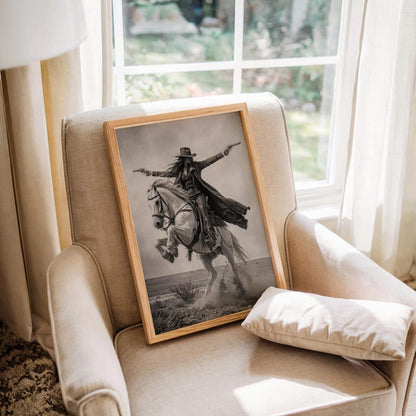 Gunslinger Cowgirl Poster, Wild West Horse Riding Wall Art, Vintage Outlaw Photography, Western Female Cowboy with Guns Living Room Decor