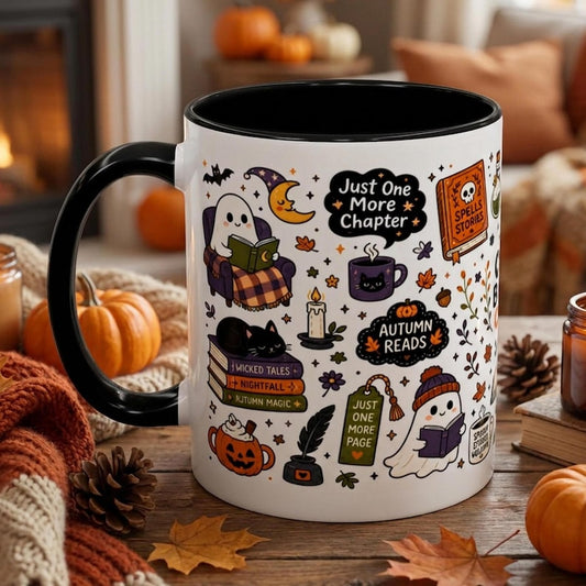 Cozy Book Club Halloween Mug, Bookish Halloween Coffee Cup, Reader Gift Mug, Just One More Chapter Mug, Spooky Book Lover Gift