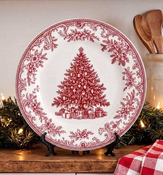 Festive Elegant & Chic Decorative Plate with Red Christmas Tree Design - Home Decor and Holiday Gift