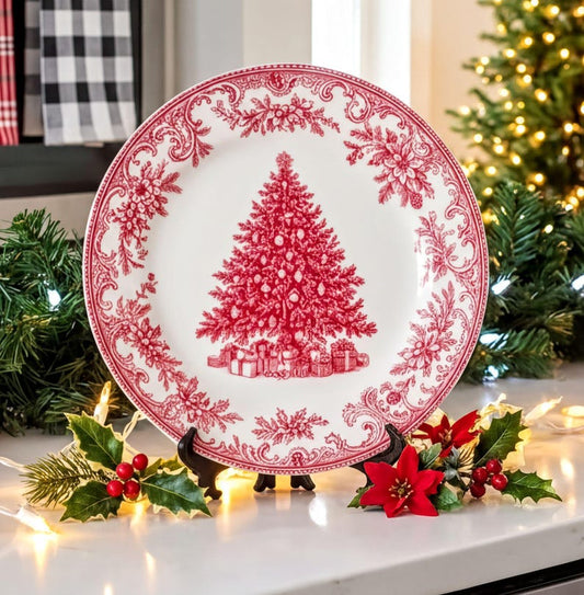 Festive Christmas Tree Toile Elegant & Chic Decorative Plate - Holiday Decor, Housewarming Gift