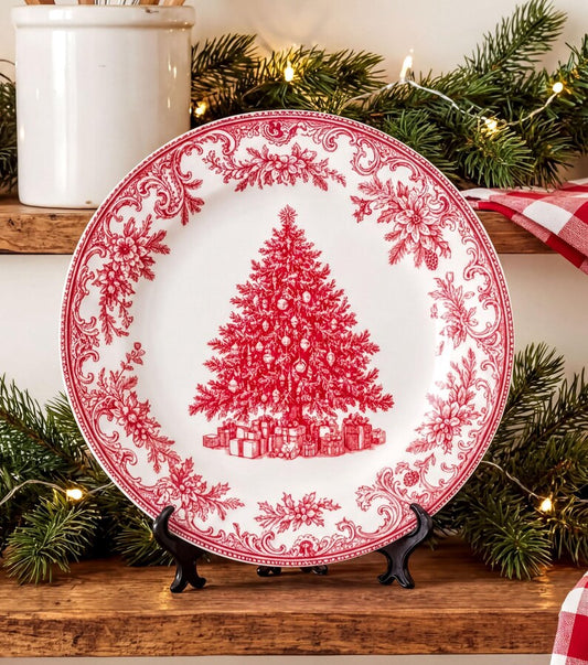 Festive Christmas Tree Toile Elegant & Chic Decorative Plate - Holiday Decor, Housewarming Gift