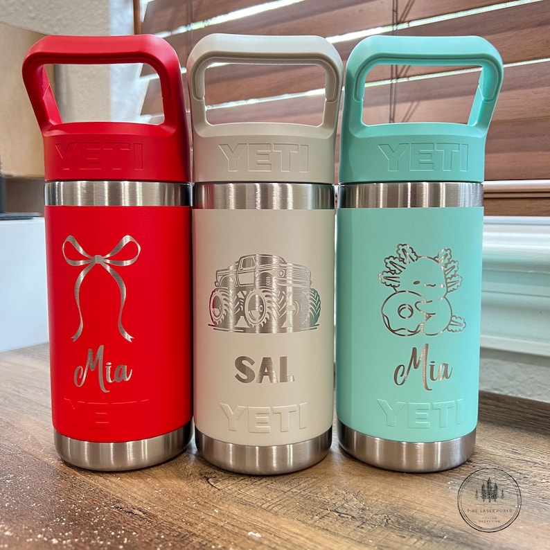 Personalized Kids Custom Yeti Rambler Jr Water Bottle Engraved Insulated Tumbler Back to School Gift Idea for Children 20 Theme Options