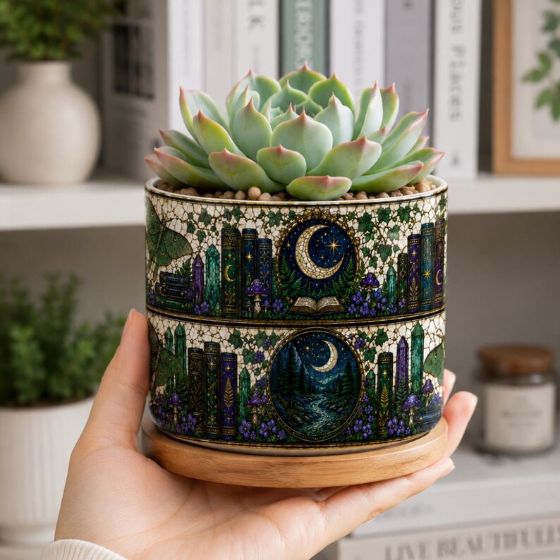 Moons & Crystals Nature Bookshelf Stained-Glass Style Plant Pot, Bookish Decor Reading Room Art, Librarian Teacher Appreciation