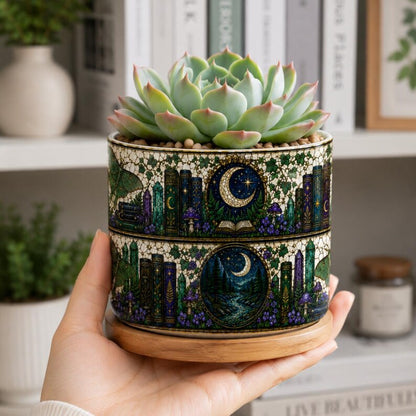 Moons & Crystals Nature Bookshelf Stained-Glass Style Plant Pot, Bookish Decor Reading Room Art, Librarian Teacher Appreciation