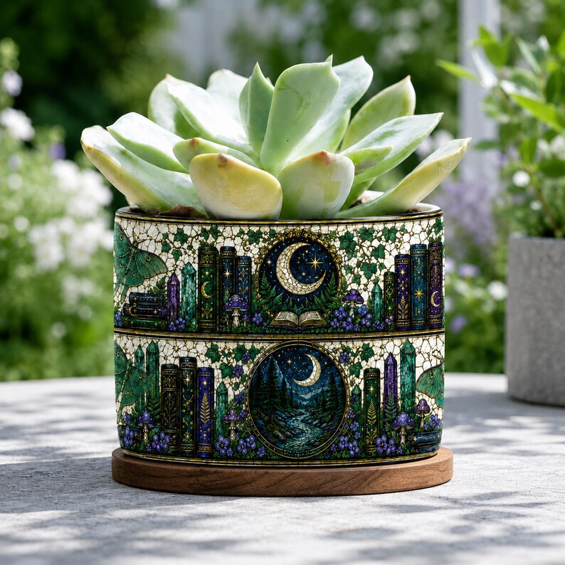 Moons & Crystals Nature Bookshelf Stained-Glass Style Plant Pot, Bookish Decor Reading Room Art, Librarian Teacher Appreciation