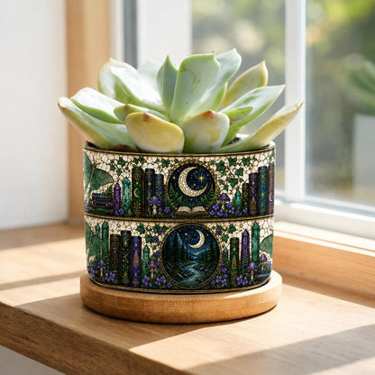 Moons & Crystals Nature Bookshelf Stained-Glass Style Plant Pot, Bookish Decor Reading Room Art, Librarian Teacher Appreciation