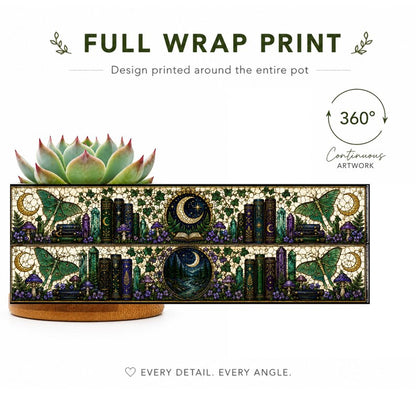 Moons & Crystals Nature Bookshelf Stained-Glass Style Plant Pot, Bookish Decor Reading Room Art, Librarian Teacher Appreciation