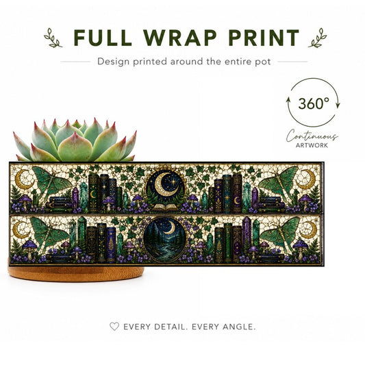 Moons & Crystals Nature Bookshelf Stained-Glass Style Plant Pot, Bookish Decor Reading Room Art, Librarian Teacher Appreciation