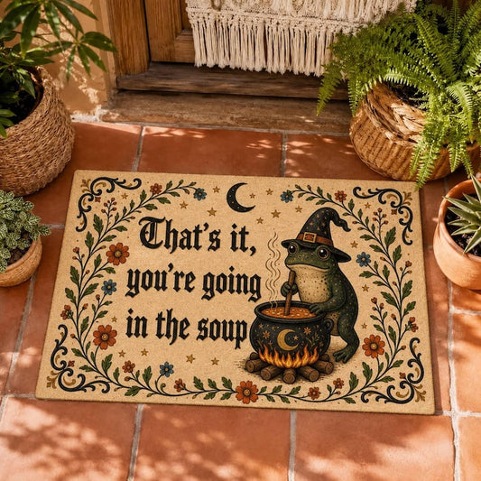 Printed Halloween Fabric Doormat with Witch Frog, Cauldron and Soup Meme Quote