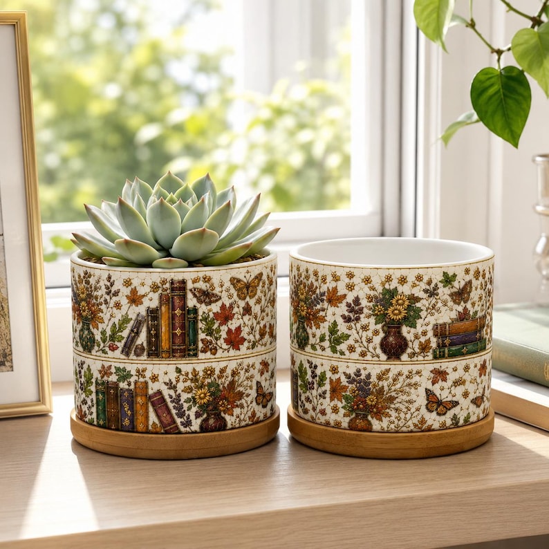 Bookish Autumn Stained Glass Style Plant Pot, Fall Book Lover Gift, Autumn Teacher Mug, Autumn Teacher Gift, Librarian Gift