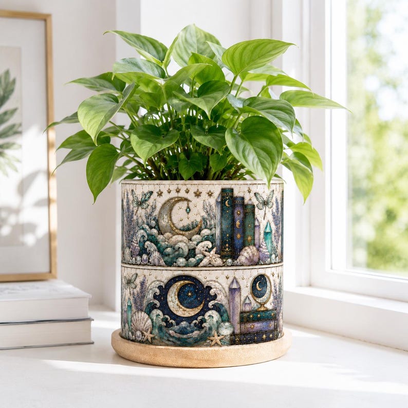 Ocean Bookshelf Design Plant Pot, Coastal Starfish Plant Pot, Reader Gift, Bookish Decor Reading Room Art, Librarian Teacher Appreciation