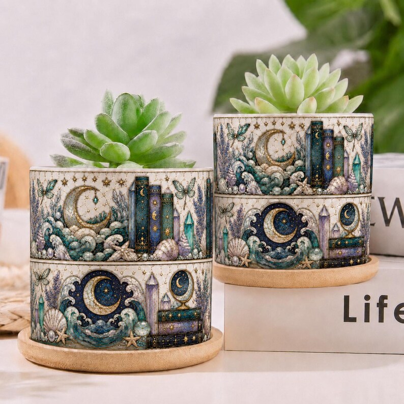 Ocean Bookshelf Design Plant Pot, Coastal Starfish Plant Pot, Reader Gift, Bookish Decor Reading Room Art, Librarian Teacher Appreciation