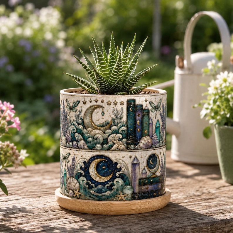 Ocean Bookshelf Design Plant Pot, Coastal Starfish Plant Pot, Reader Gift, Bookish Decor Reading Room Art, Librarian Teacher Appreciation