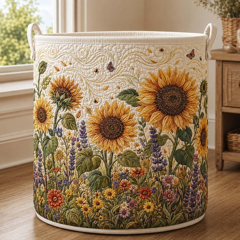Sunflower Quilted Laundry Basket: Floral Lover Fabric Hamper, Gift For Grandma