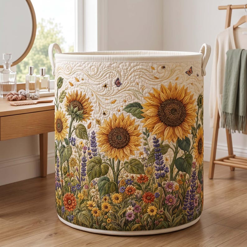 Sunflower Quilted Laundry Basket: Floral Lover Fabric Hamper, Gift For Grandma